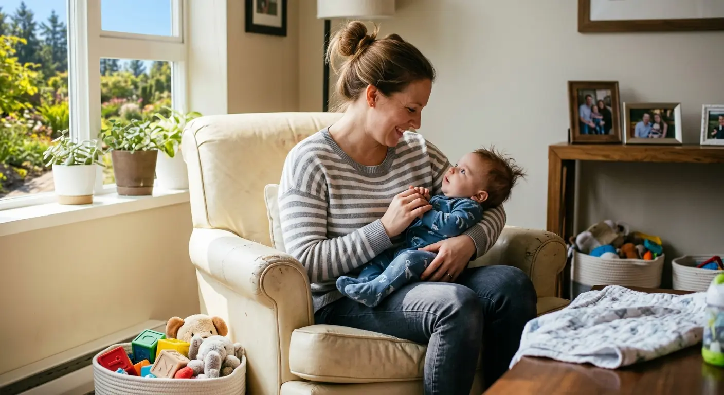 A mother holding her baby son