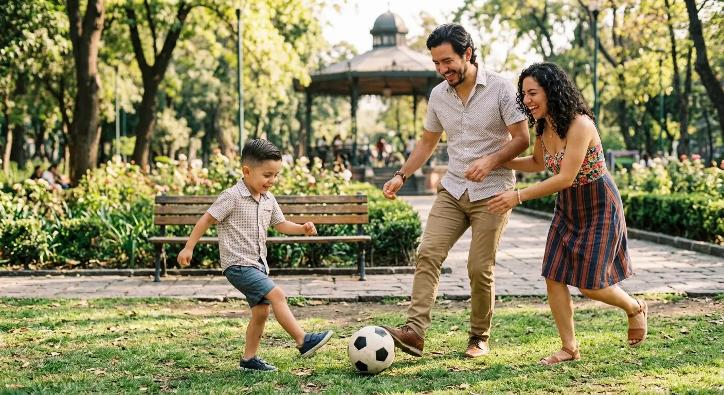 Parents playing football in the park with their son