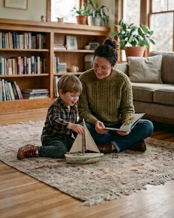 A mother and her young son with a wooden sailboat on a living-room rug