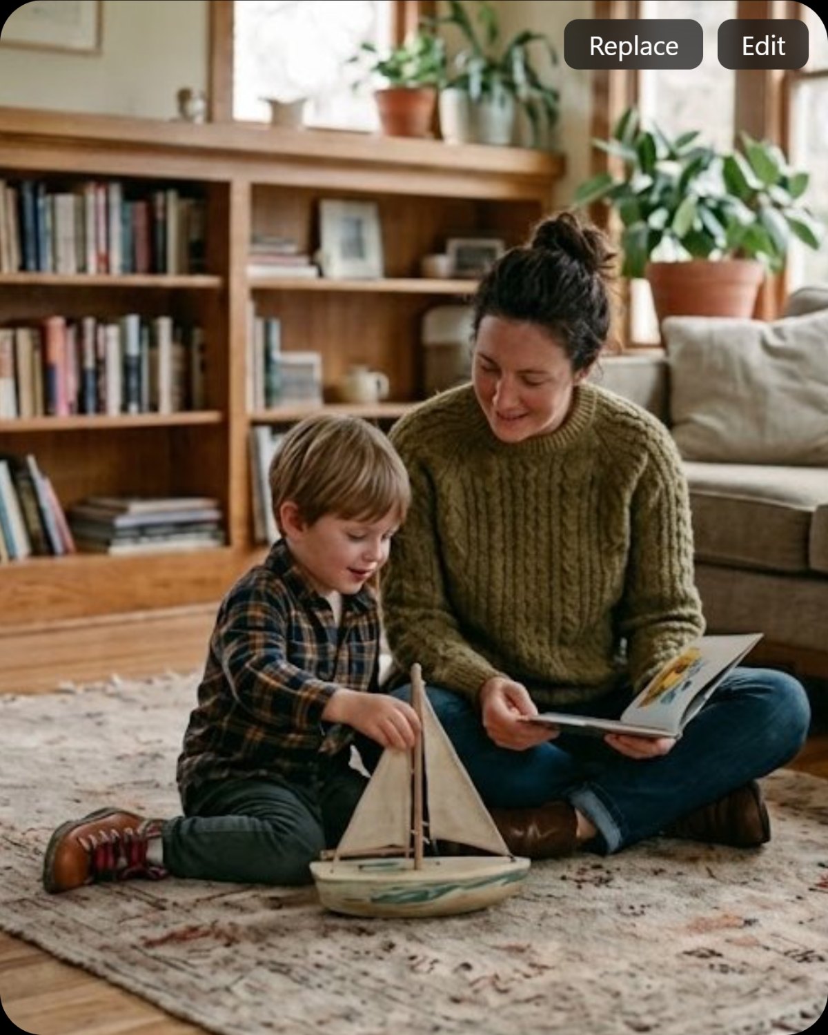 A mother and her young son with a wooden sailboat on a living-room rug
