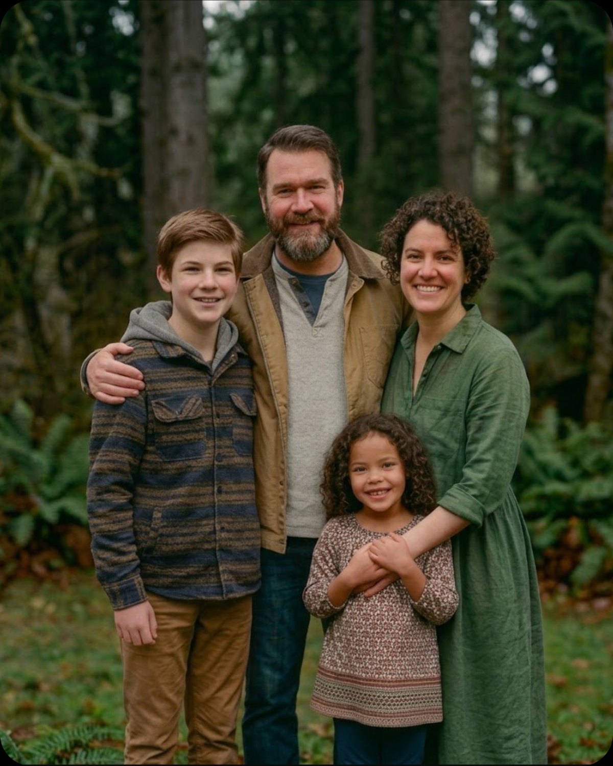 A family of four standing together among evergreens